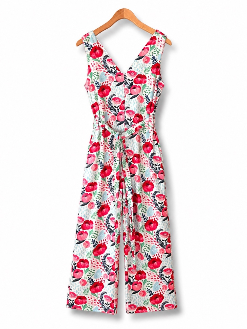 PEPALOVES Floral Wide Leg Jumpsuit Belted V Neck Romper